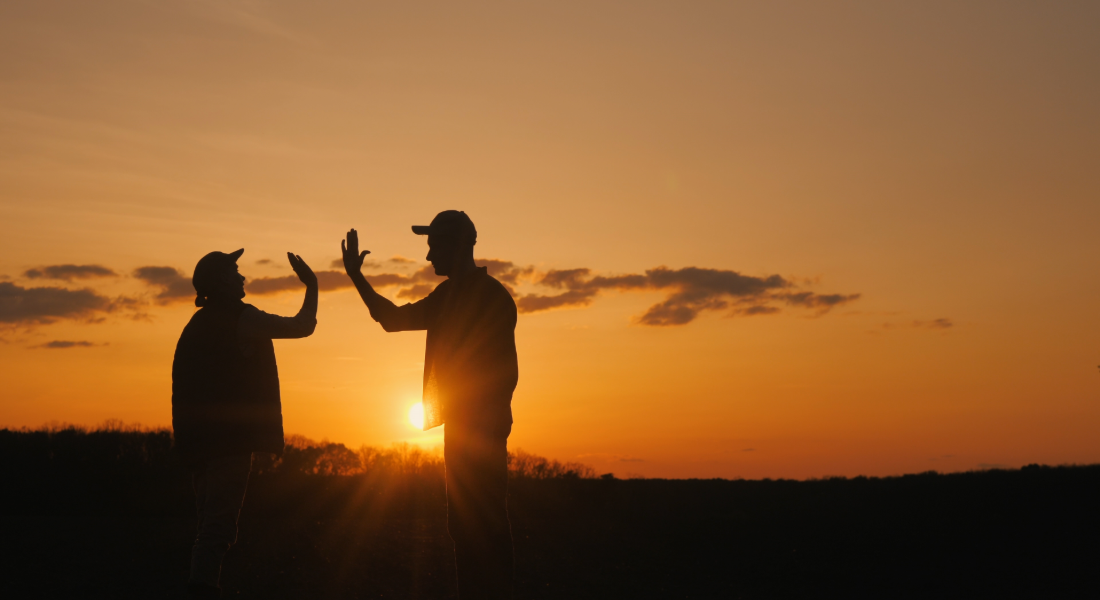 Two men high fiving in a field as the sun sets