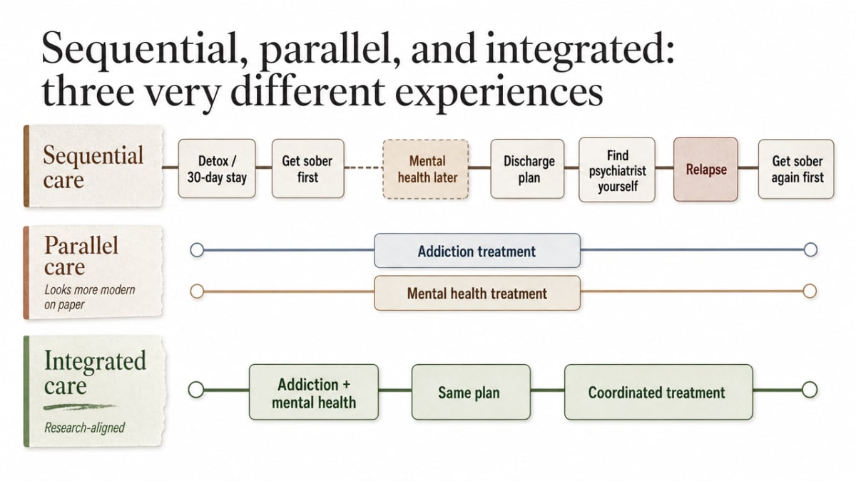 Compare the three care models described in this section so readers can quickly see the structural differences that determine whether treatment is actually integrated