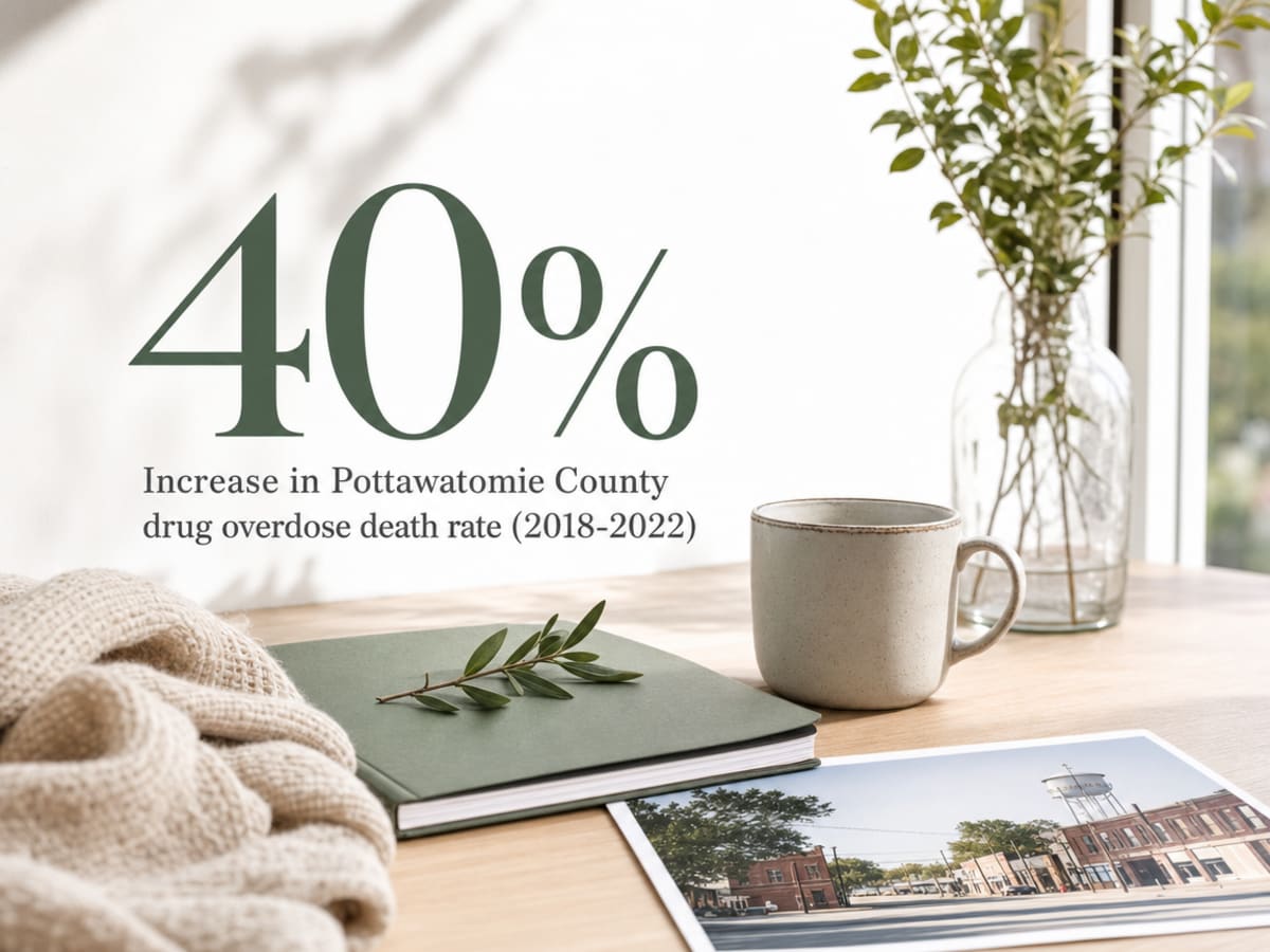 Infographic showing Increase in Pottawatomie County drug overdose death rate (2018-2022)