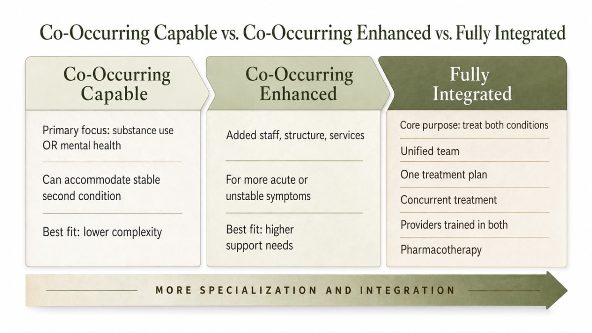 Side-by-side comparison of the three SAMHSA program tiers so readers can identify which level matches their needs before calling a program