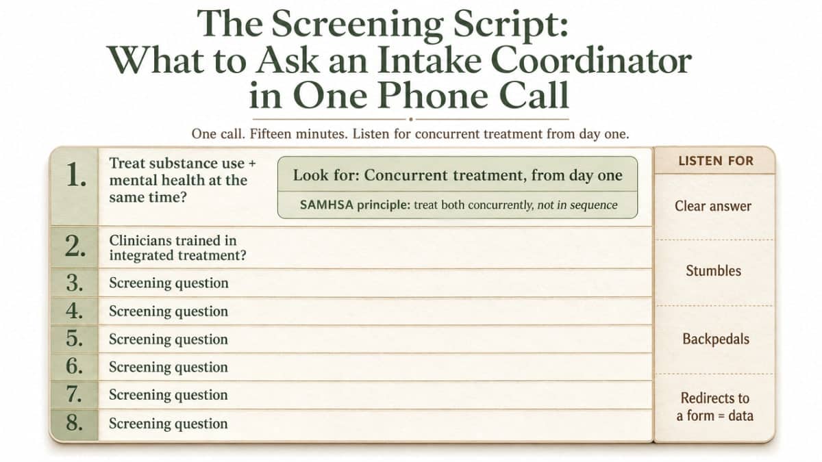 Visualizes the eight-question intake screening script as a scannable checklist tied to SAMHSA standards, matching the numbered list in the section