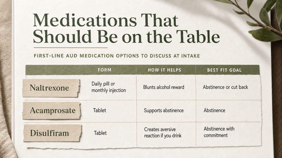 Summarize the three first-line AUD medications named in the section, their mechanism, and which treatment goal they fit — a comparison table directly grounded in the prose