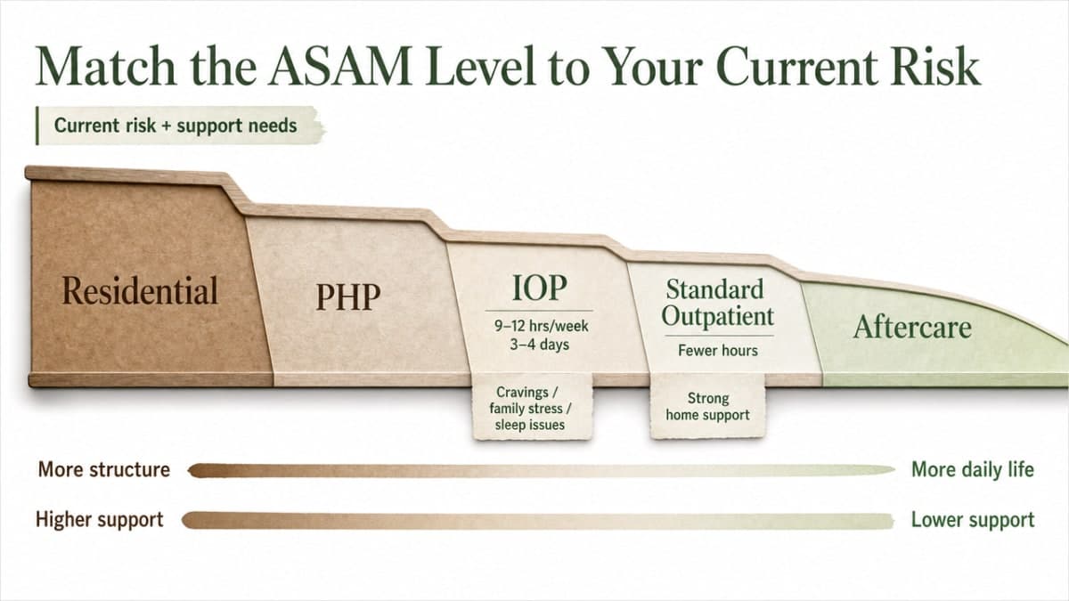 Visualize the ASAM level-of-care step-down continuum described in this section, helping readers understand where outpatient fits between residential and aftercare