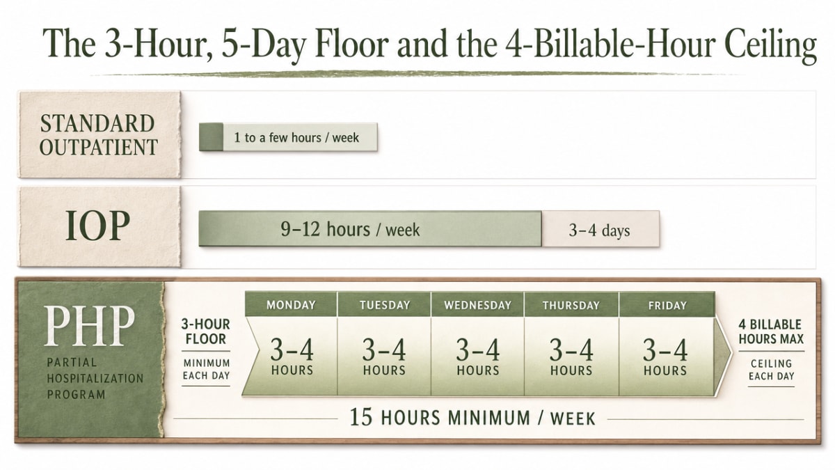 Compare weekly clinical hour commitments across Oklahoma outpatient behavioral health levels of care, directly supporting the section's explanation of PHP's 3-hour, 5-day floor and 4-hour billable ceiling