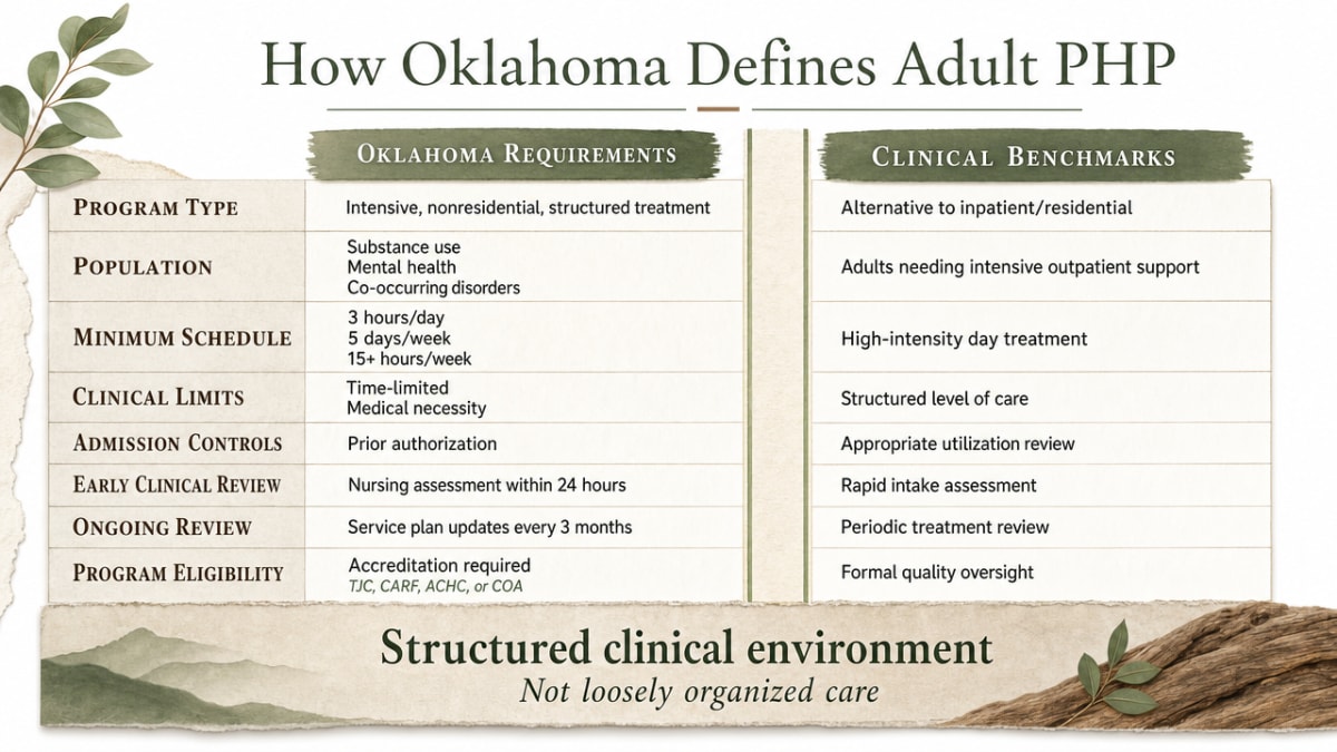 Visualize the side-by-side comparison table of Oklahoma's regulatory PHP requirements versus national clinical benchmarks, which directly supports this section's core content