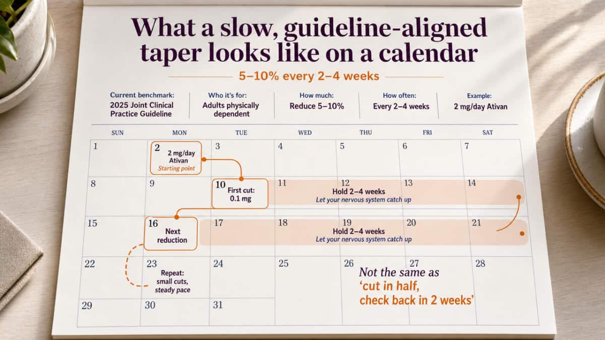 Illustrate the 5-10% every 2-4 weeks taper pacing recommended by the 2025 Joint Clinical Practice Guideline that is directly cited in this section
