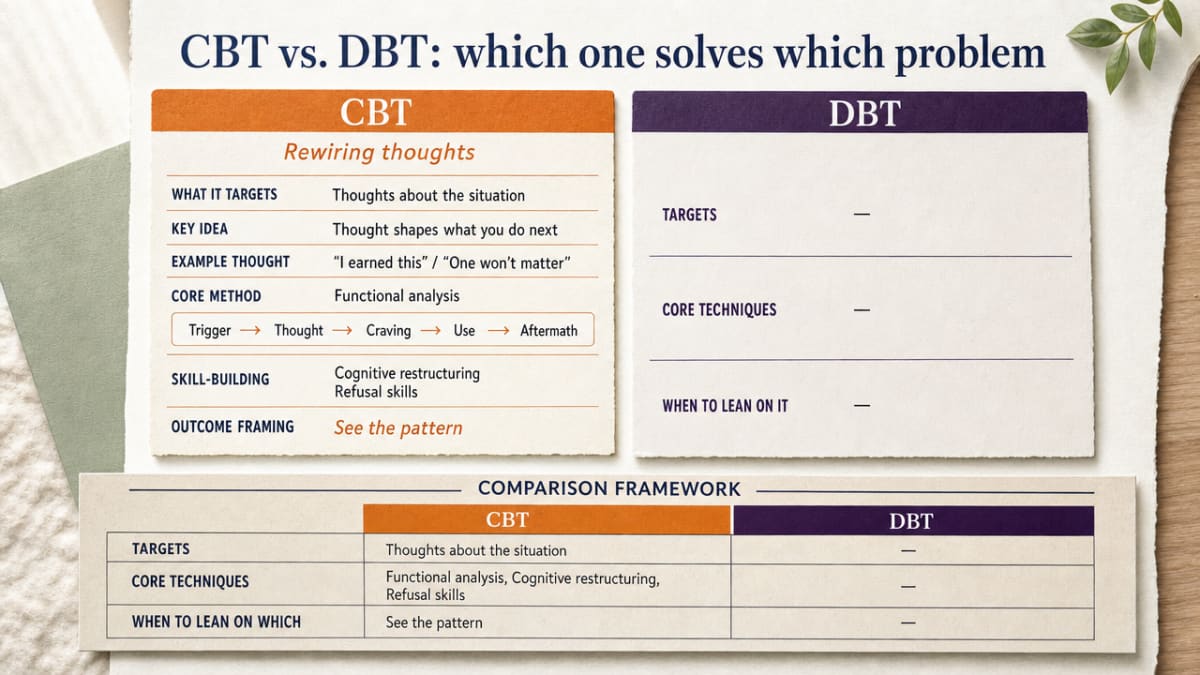 Compare CBT and DBT side by side on what each targets, core techniques, and when to lean on which — directly supporting the section's comparison framework