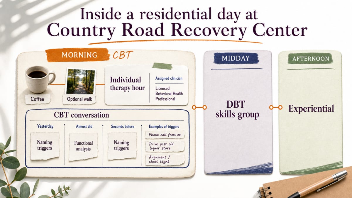 Visualize the residential day workflow (morning CBT, midday DBT skills group, afternoon experiential) described in the three subsections — a process infographic of the section's operating structure
