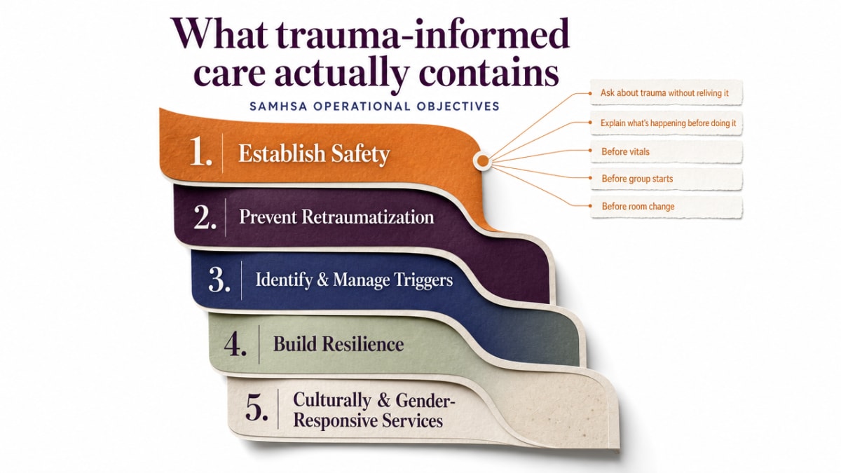 Visualize SAMHSA's five operational trauma-informed care objectives cited directly in this section, giving readers a scannable framework that mirrors the prose