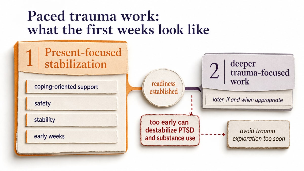 Show the paced clinical sequence described in this section — present-focused stabilization first, deeper trauma-focused modalities introduced only when readiness is established — which is a cited workflow, not chartable data