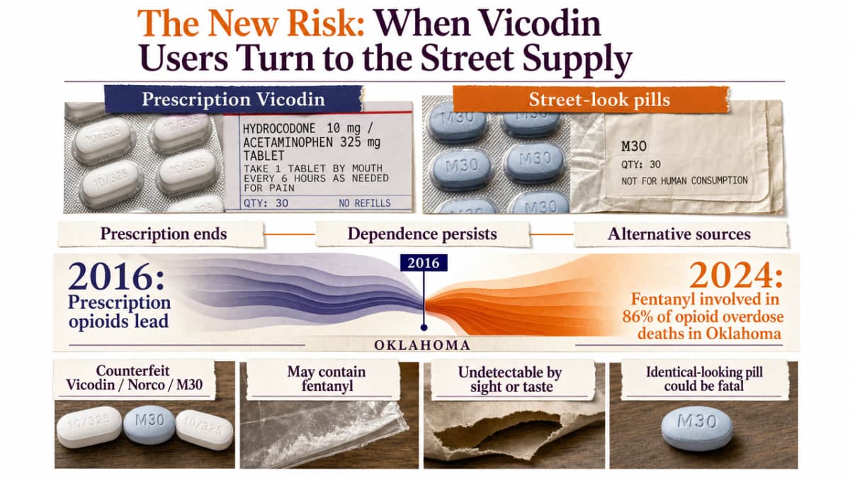 Show the dramatic shift from prescription opioid–driven deaths to fentanyl-dominated deaths, reinforcing the section's warning about counterfeit pills