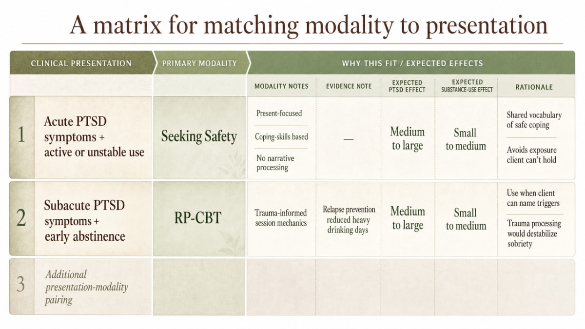 Translate the section's four clinical presentation-to-modality pairings into a scannable decision matrix that mirrors the prose exactly