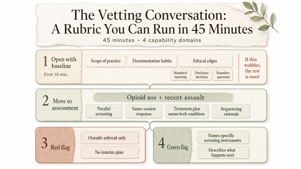 Turn the section's 45-minute vetting rubric into a scannable process infographic that mirrors the red-flag / green-flag structure in prose