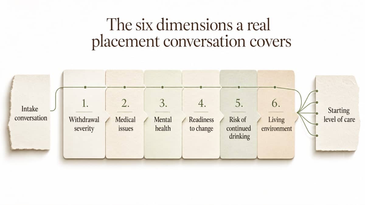 Visualize the six ASAM assessment dimensions cited in this section, which directly determine the correct level of care and are the framework the reader is told to expect during intake
