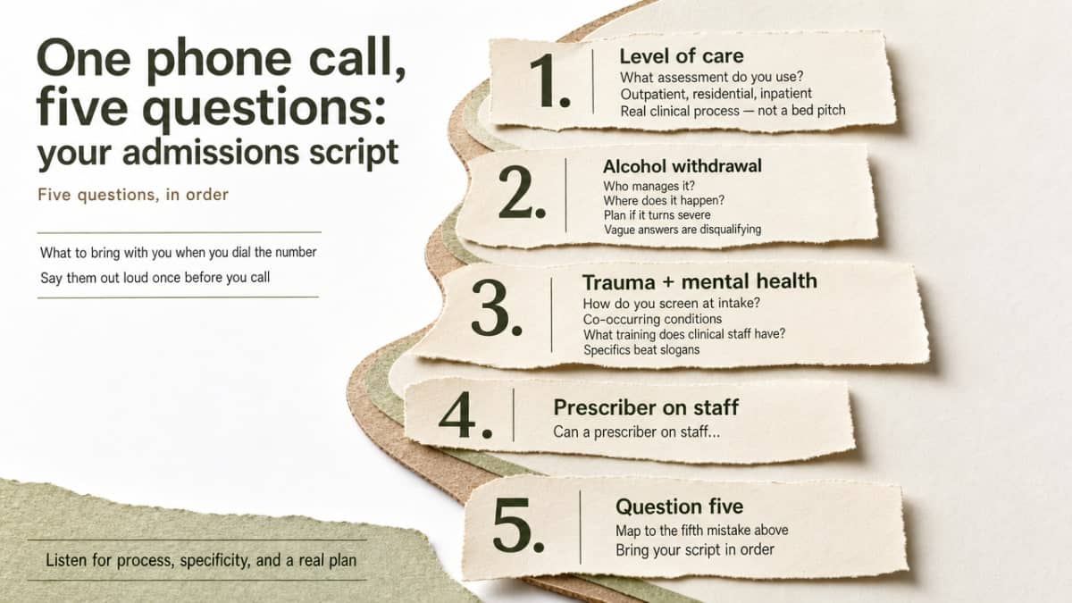 Turn the article's five-question admissions script into a scannable process infographic mapped to the five mistakes covered in the article
