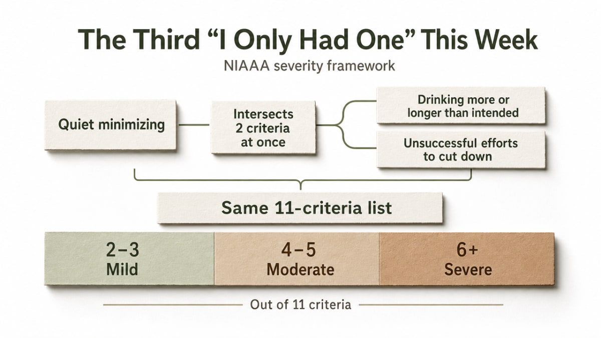 Visualizes the NIAAA severity framework referenced in the section (2-3 mild, 4-5 moderate, 6+ severe out of 11 criteria), giving readers a clinical reference frame that anchors the rest of the article. The exact numbers and citation appear in the adjacent prose