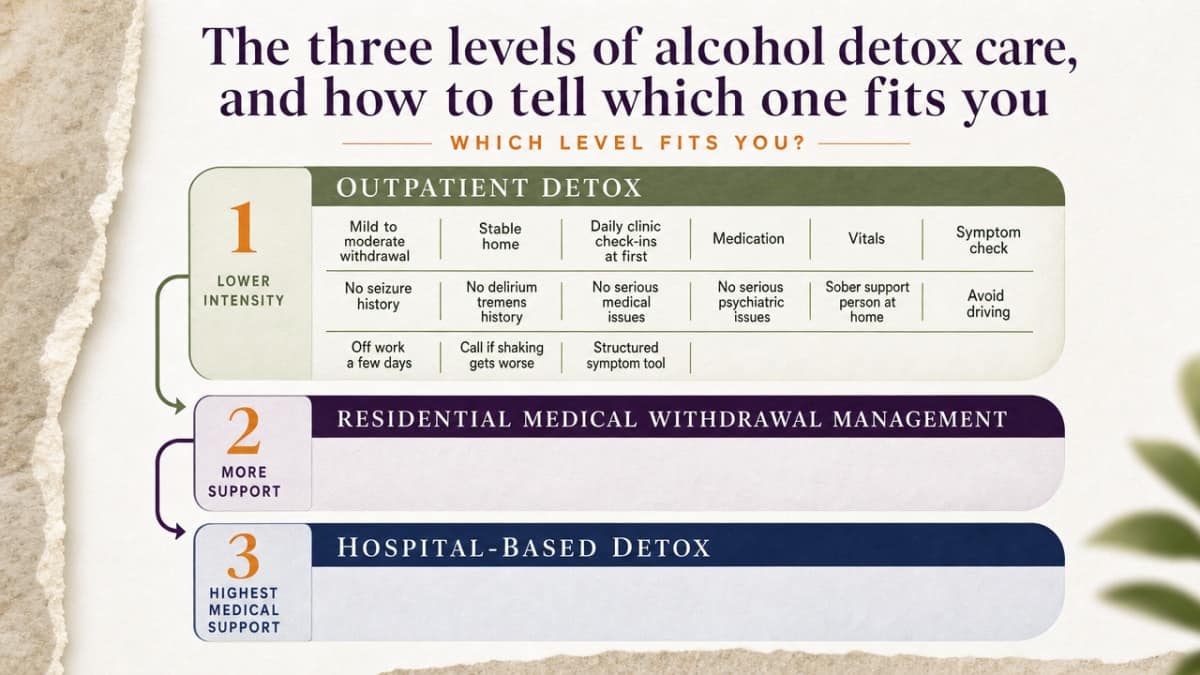 Visualize the three-tier level-of-care framework described in this section, helping readers self-triage between outpatient, residential medical withdrawal management, and hospital-based detox