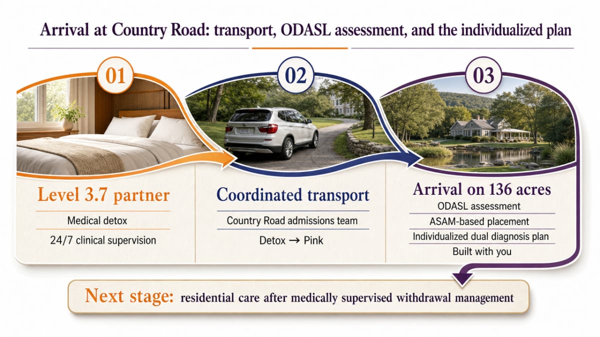 Visualize the three-step detox-to-residential handoff described in the section, showing how medical stabilization transitions into residential dual diagnosis care