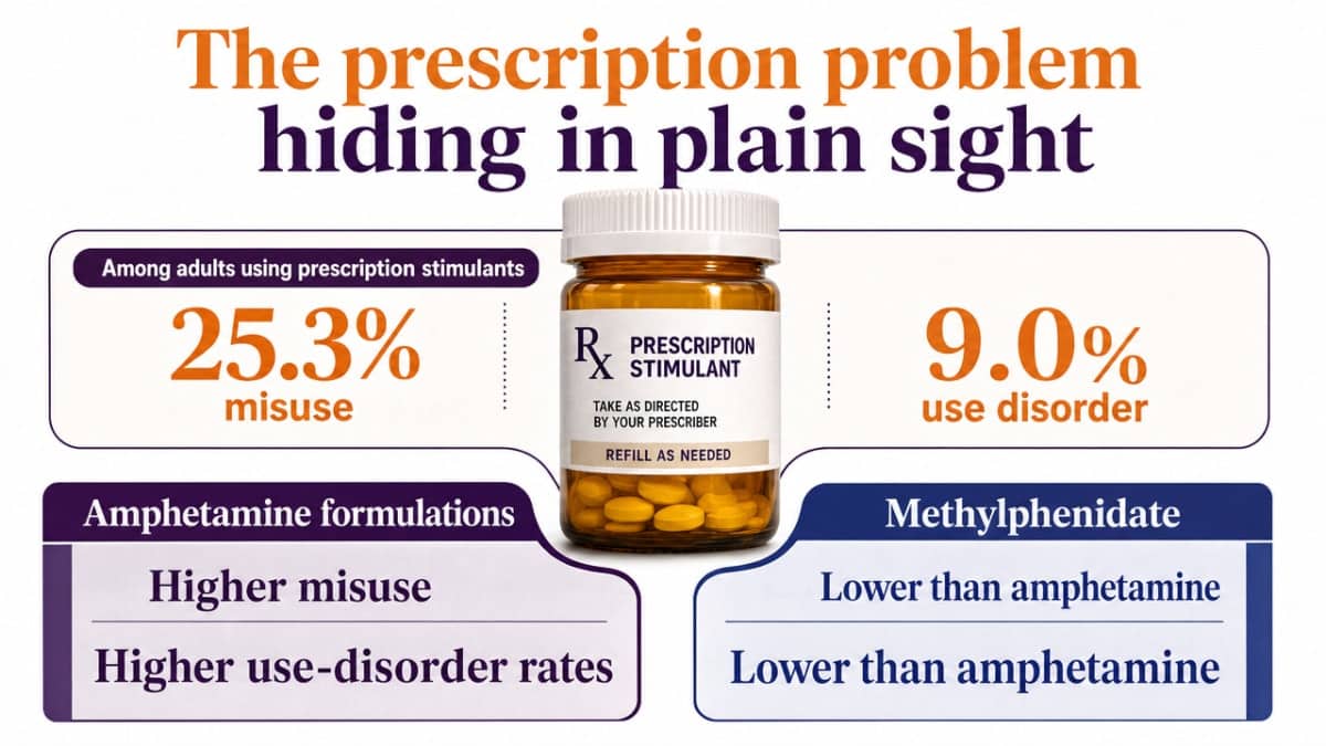 Visualize the JAMA Network Open finding that amphetamine formulations carry substantially higher misuse and use-disorder rates than methylphenidate, which is the core evidence point of this section