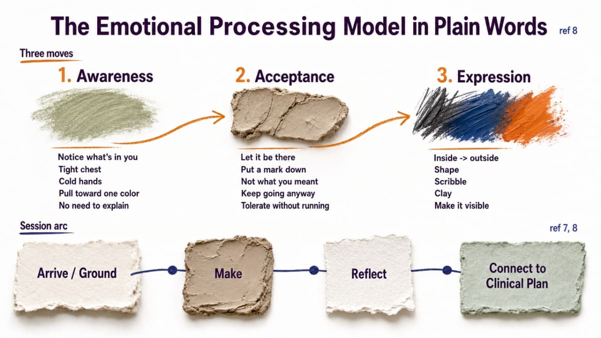 Visualize the three-move emotional processing model (awareness, acceptance, expression) and the session arc (arrive/ground, make, reflect, connect to clinical plan) explicitly described in this section and cited to refs 7 and 8