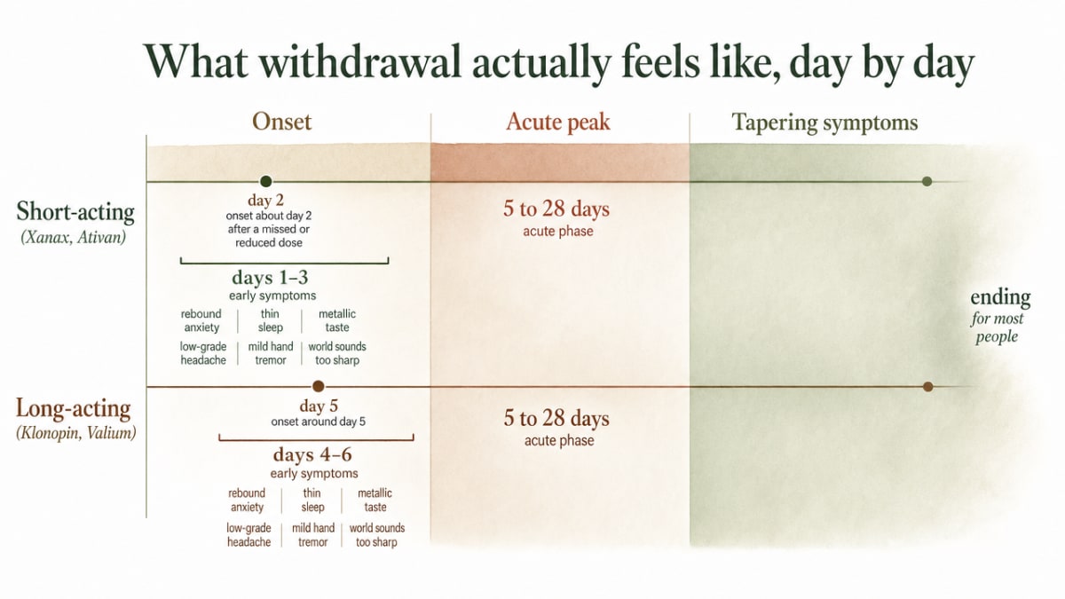 Visualize the cited withdrawal timeline phases (onset, acute peak, tapering symptoms) with the specific day ranges mentioned in the section prose