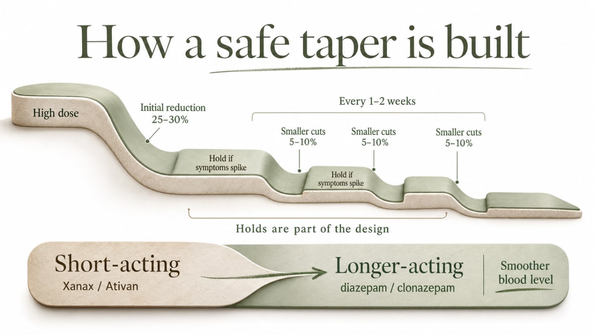 Visualize the cited stepwise taper structure — initial reduction, subsequent small cuts, and planned holds — which the section explains in prose