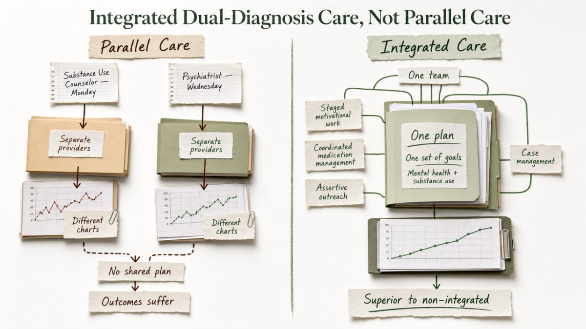 Illustrate the section's core comparison between integrated and parallel dual-diagnosis care models