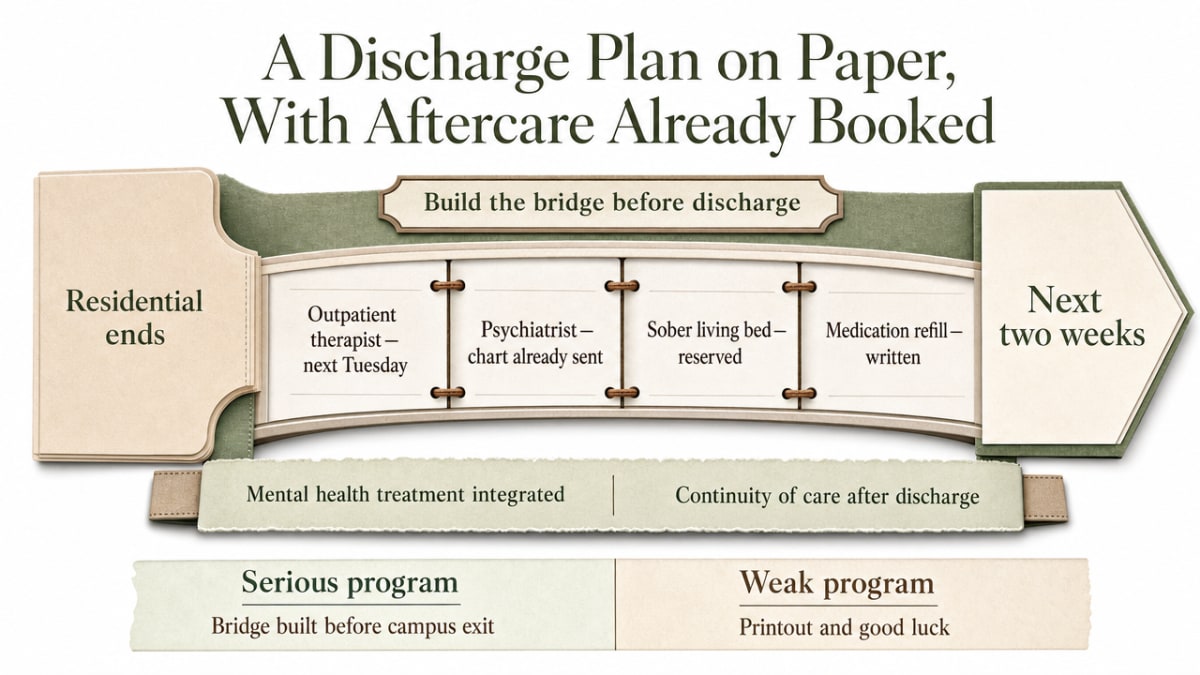 Show the specific components of a strong discharge plan named in this section as a checklist-style process visual