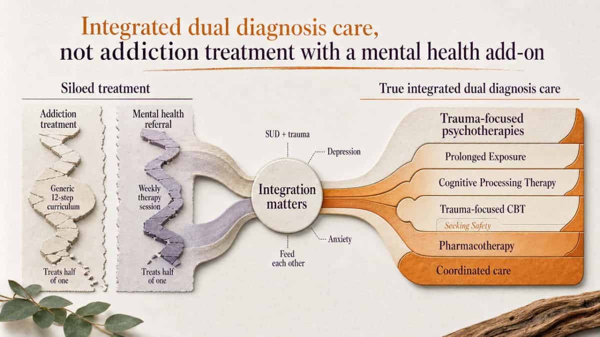 Visualize the section's comparison between siloed treatment and true integrated dual diagnosis care, reinforcing the named modalities and coordination points discussed in the prose