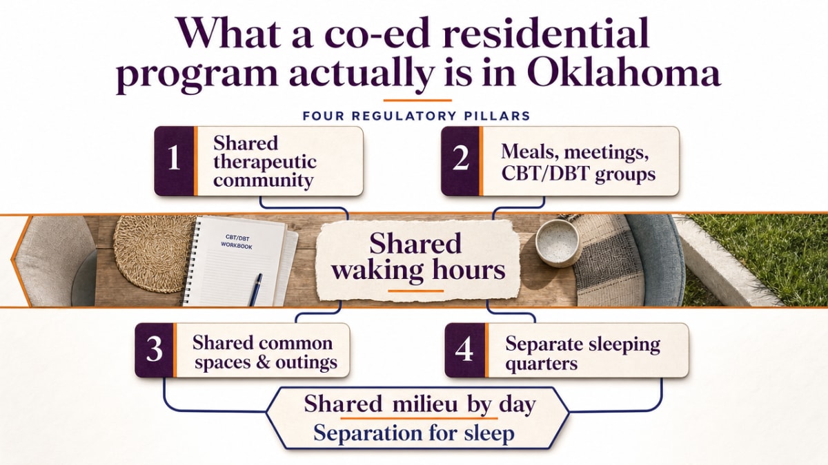 Visualize the four regulatory pillars that govern Oklahoma residential SUD programs, directly supporting the section's cited compliance framework
