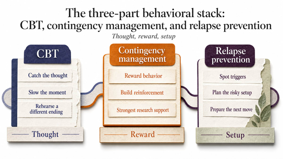 A process infographic visualizing the three complementary behavioral therapies described in the section (CBT, CM, Relapse Prevention) and the distinct job each performs — matching the article's 'thought, reward, setup' framing