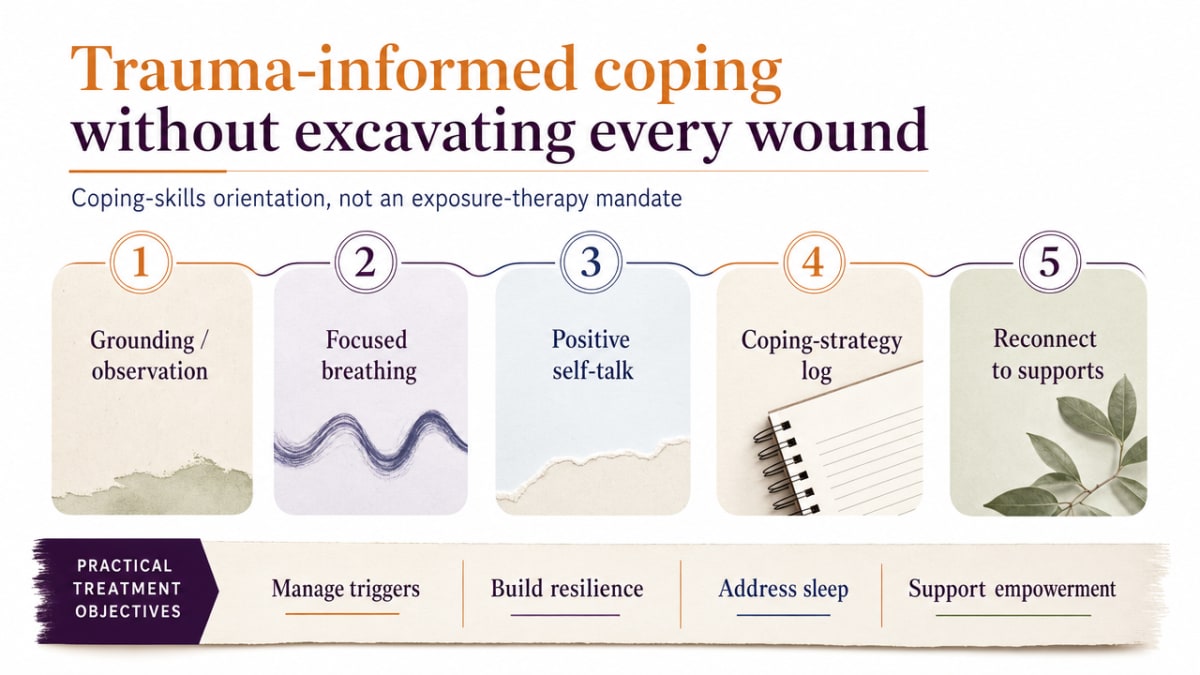 Visualize the specific SAMHSA TIP 57 coping strategies enumerated in this section (grounding/observation, focused breathing, positive self-talk, coping-strategy log, reconnecting to supports) as a process-style toolkit, directly matching the bolded skills in the prose