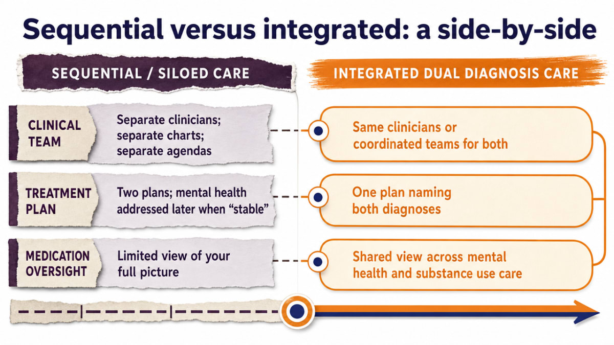 Reinforce the section's comparison table as a visual process infographic contrasting the two care models across the patient journey