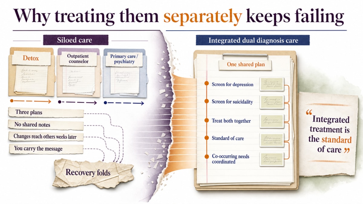 Compare siloed care versus integrated dual diagnosis care as described in this section, since the section explicitly contrasts these two operating models