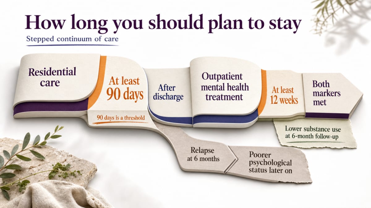 Visualize the stepped continuum of care and the 90-day residential + 12-week outpatient thresholds cited in the section