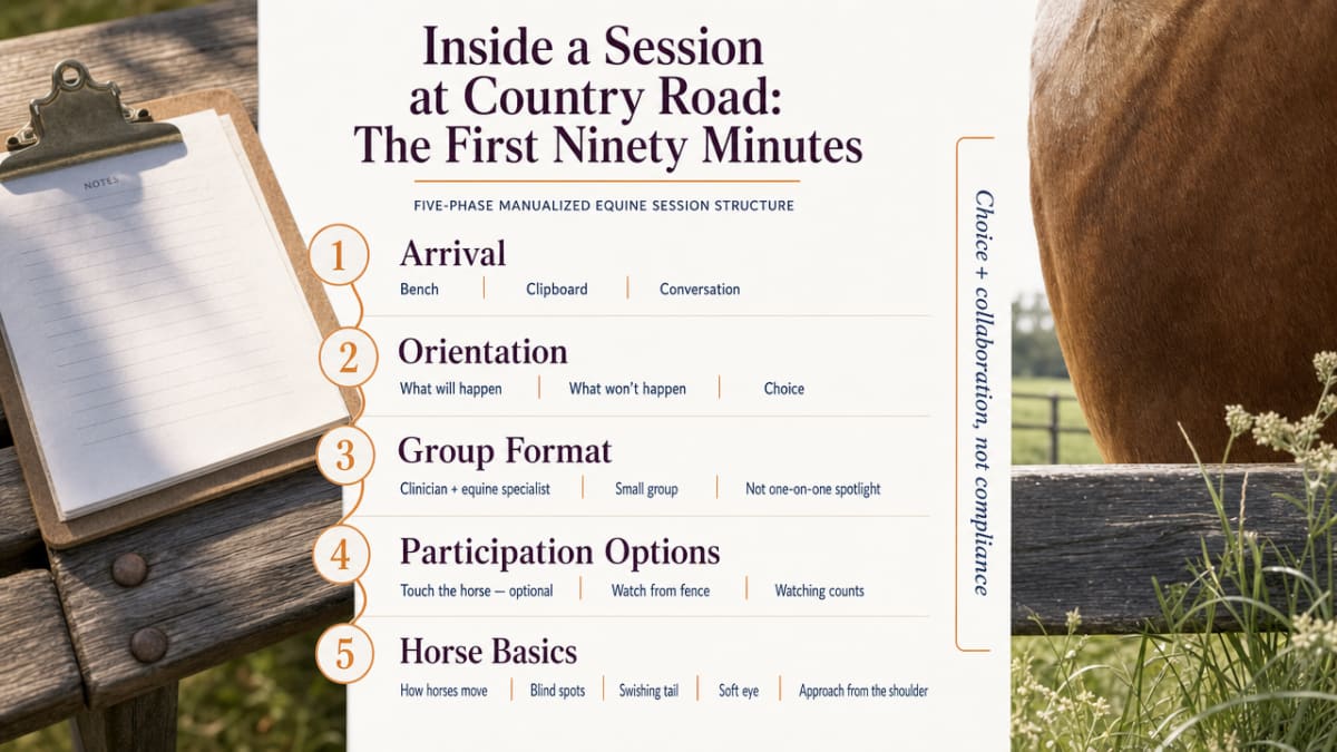 Illustrate the five-phase manualized equine session structure cited from published trauma programs, which the article explicitly walks through