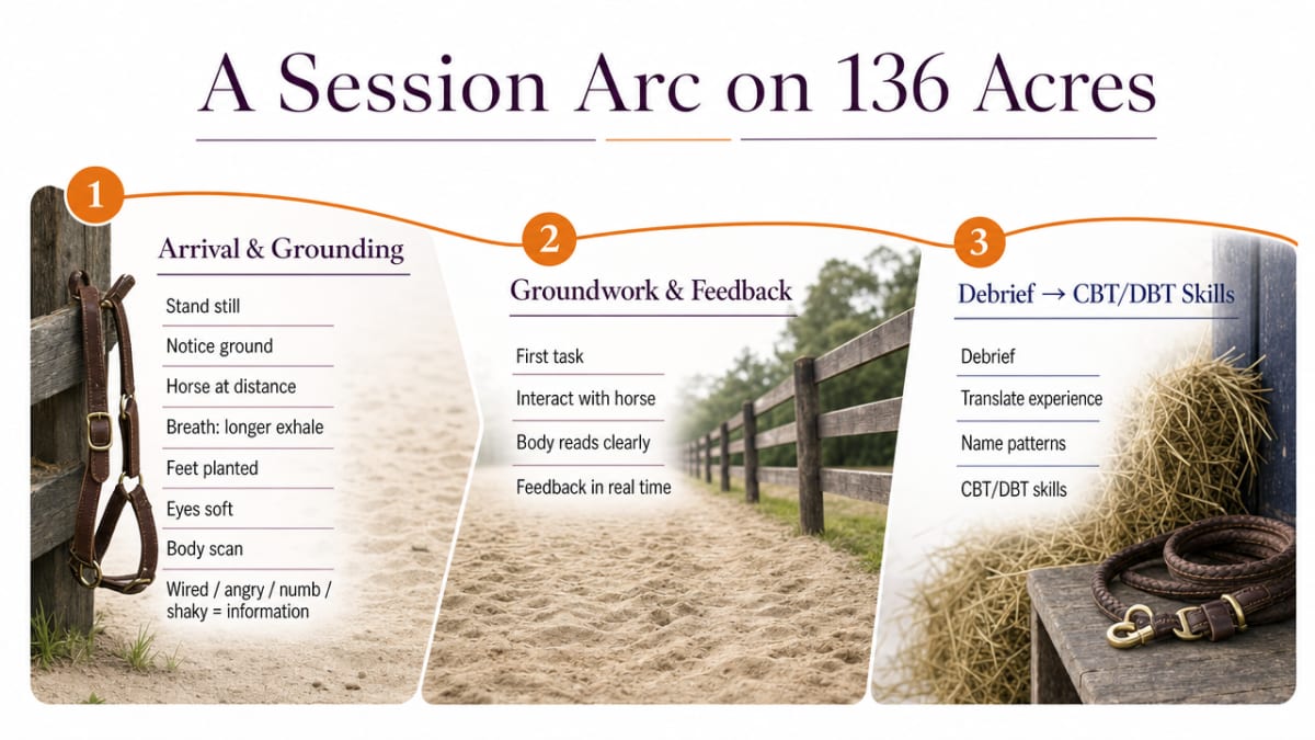 Visualize the three-stage session flow described in this section (arrival/grounding, groundwork/feedback, debrief) as a process infographic tied directly to the article's narrative arc
