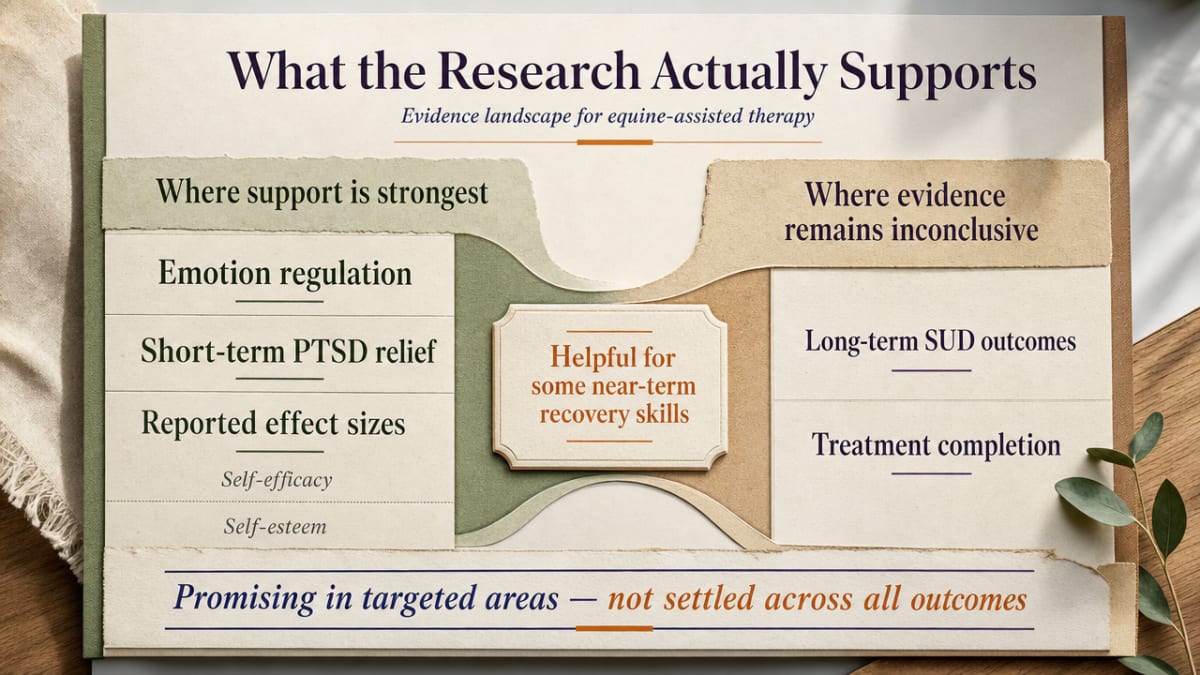 Summarize the section's comparison of where evidence is strong versus inconclusive for equine-assisted therapy, using only figures already stated in the article prose
