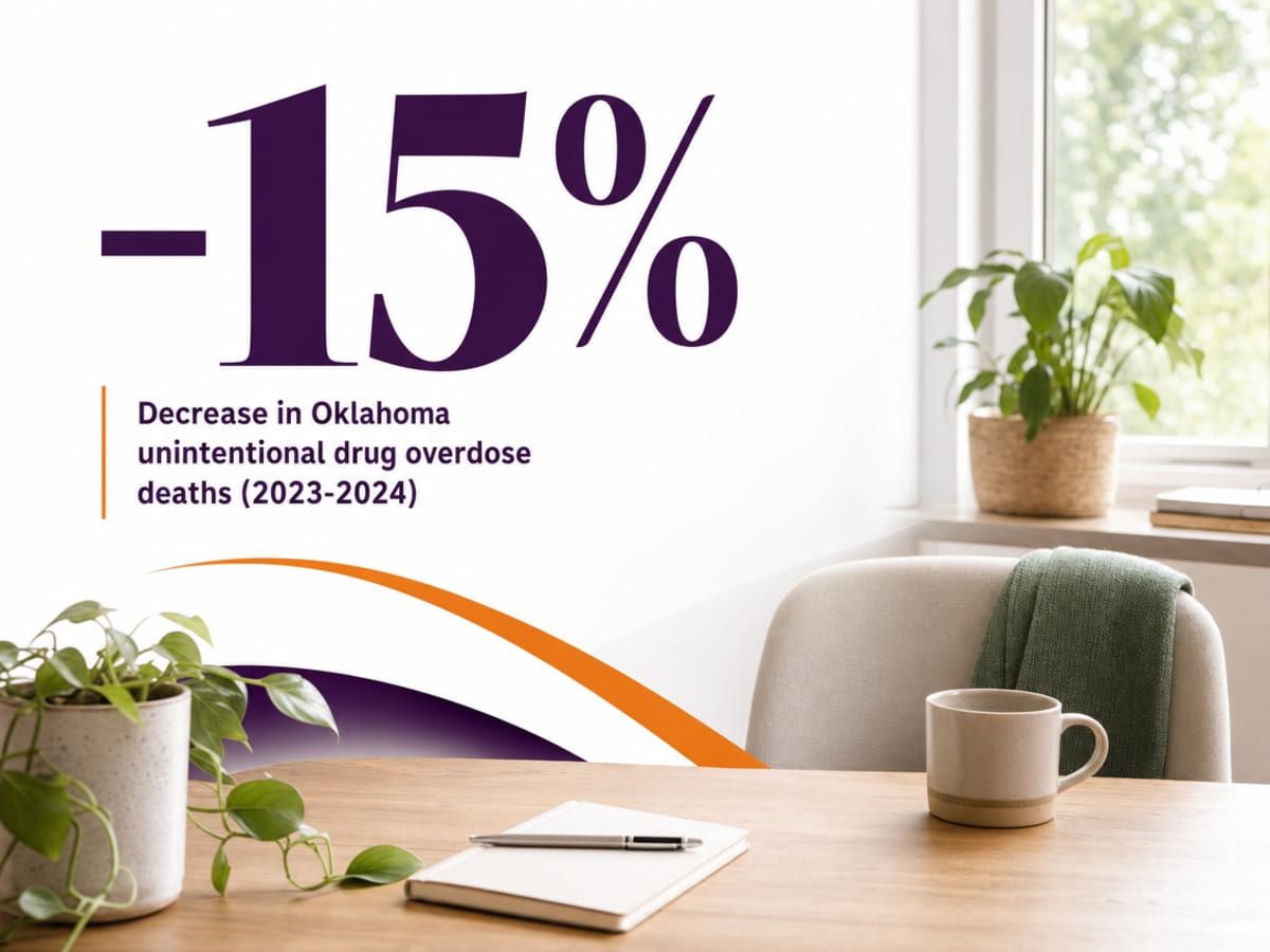 Infographic showing Decrease in Oklahoma unintentional drug overdose deaths (2023-2024)