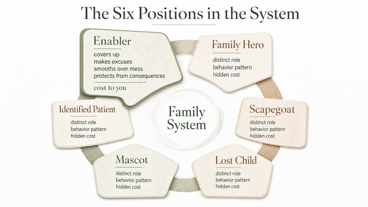 Visualize the six named family roles described in the section as a comparison framework, since the article explicitly walks through Enabler, Family Hero, Scapegoat, Lost Child, Mascot, and Identified Patient with distinct behaviors and costs
