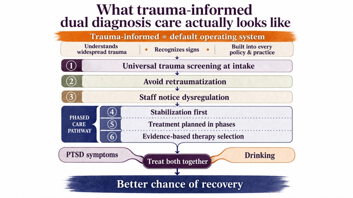 Illustrate the phased, stage-based trauma-informed dual diagnosis treatment model described in the section, including stabilization first and evidence-based therapy selection