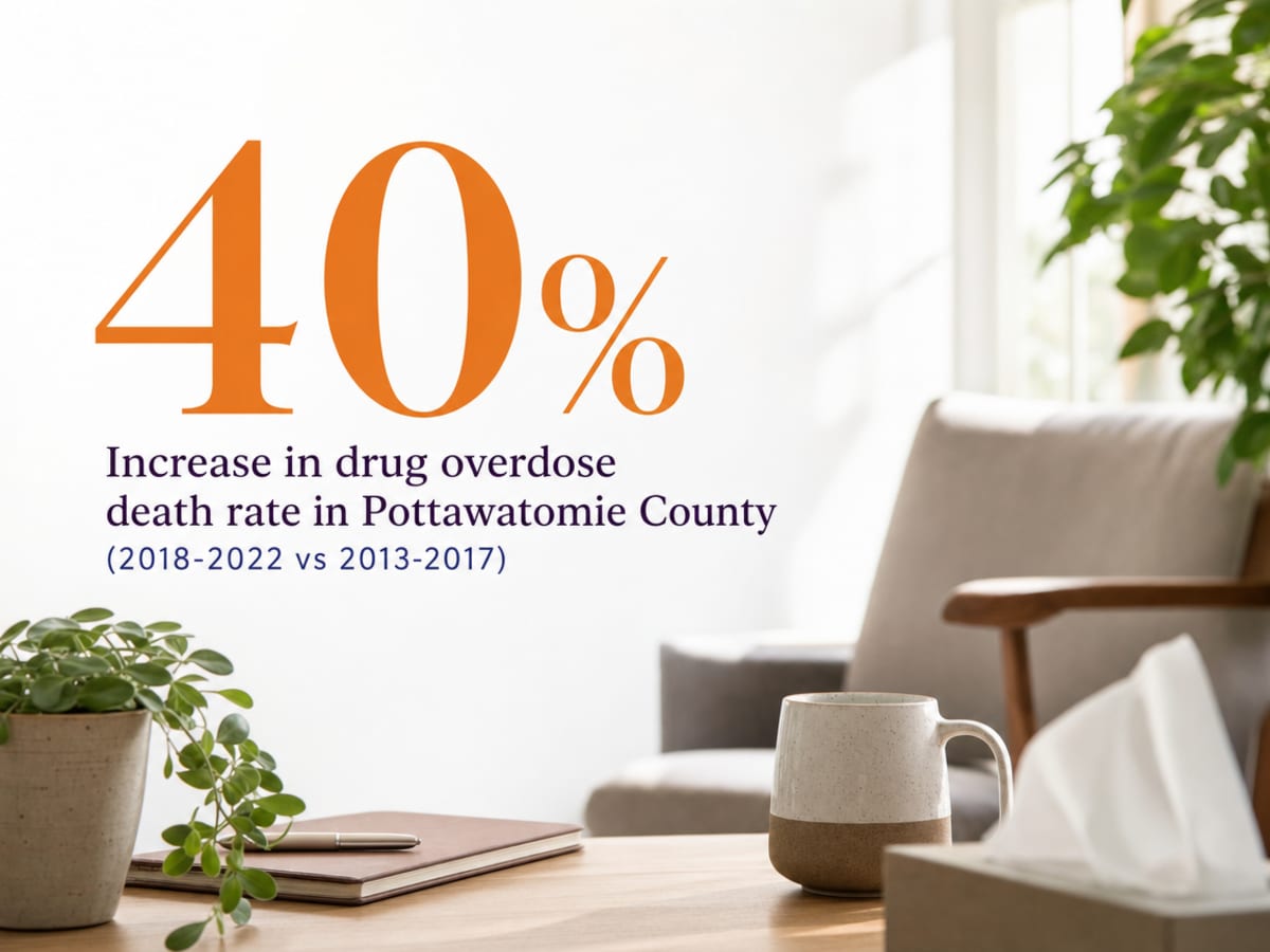 Infographic showing Increase in drug overdose death rate in Pottawatomie County (2018-2022 vs 2013-2017)