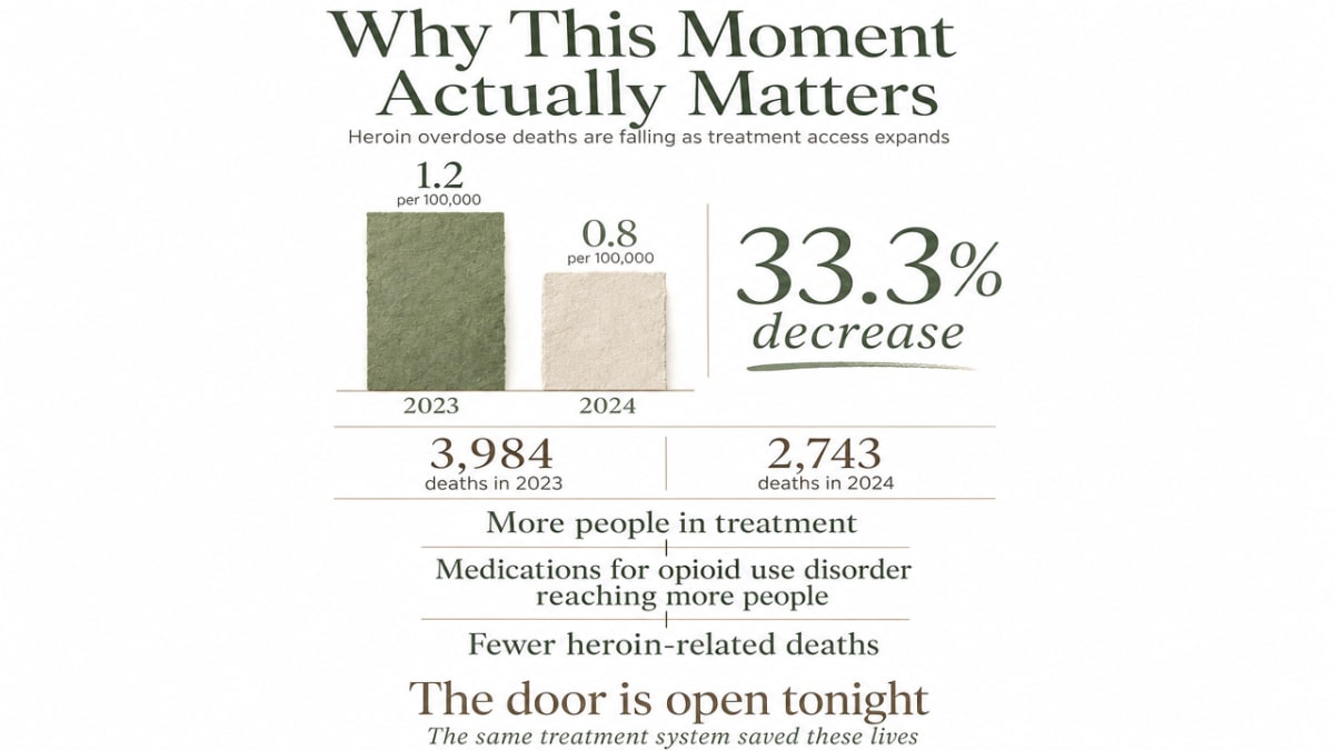 Visualize the recent decline in U.S. heroin overdose deaths cited in this section to reinforce the article's point that treatment access is expanding and working