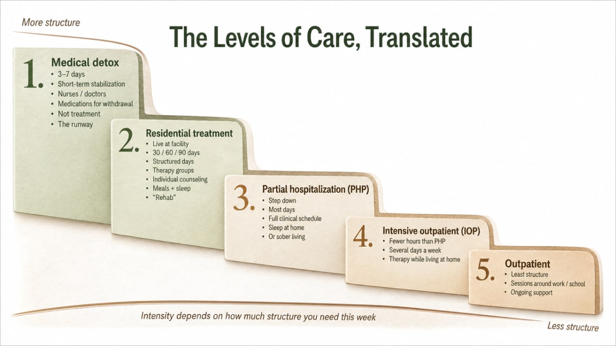 Process infographic translating the five levels of care described in the section into a clear visual hierarchy so readers can match intensity to their situation