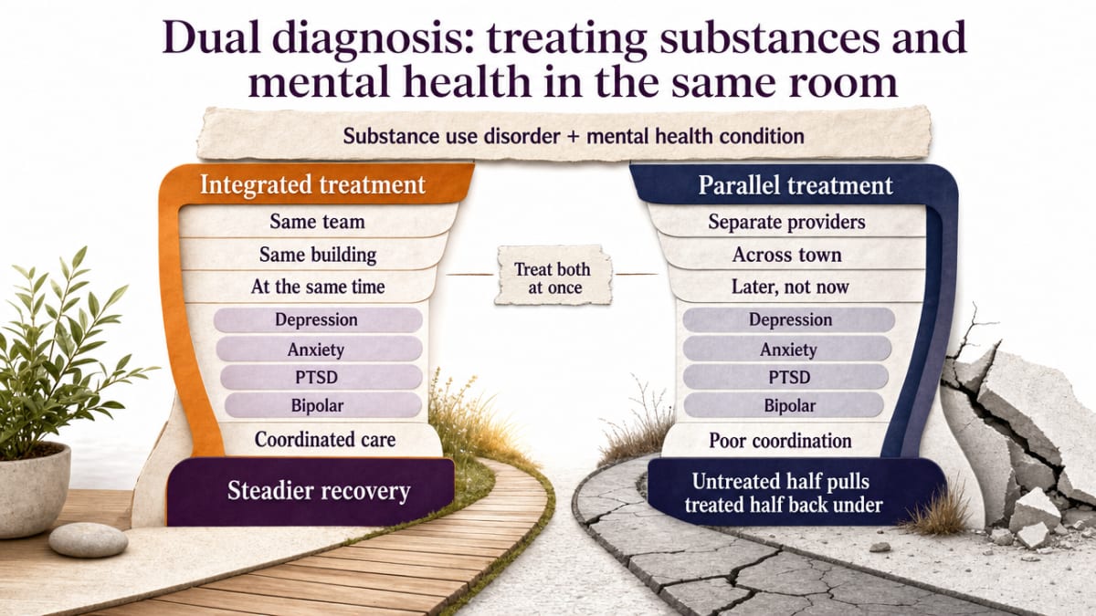 Compare integrated vs. parallel treatment outcomes from the cited randomized study, directly supporting the section's dual-diagnosis argument