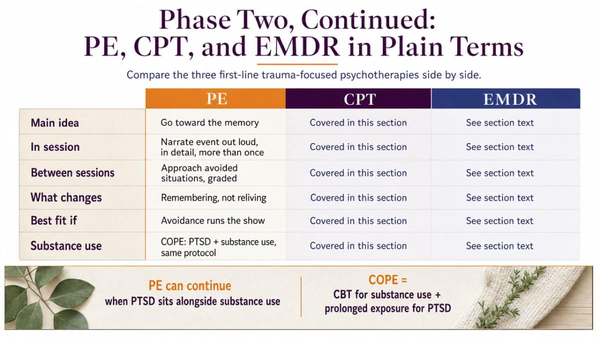 Compare the three first-line trauma-focused psychotherapies side by side so readers can match the therapy to what broke last time, as described in the section