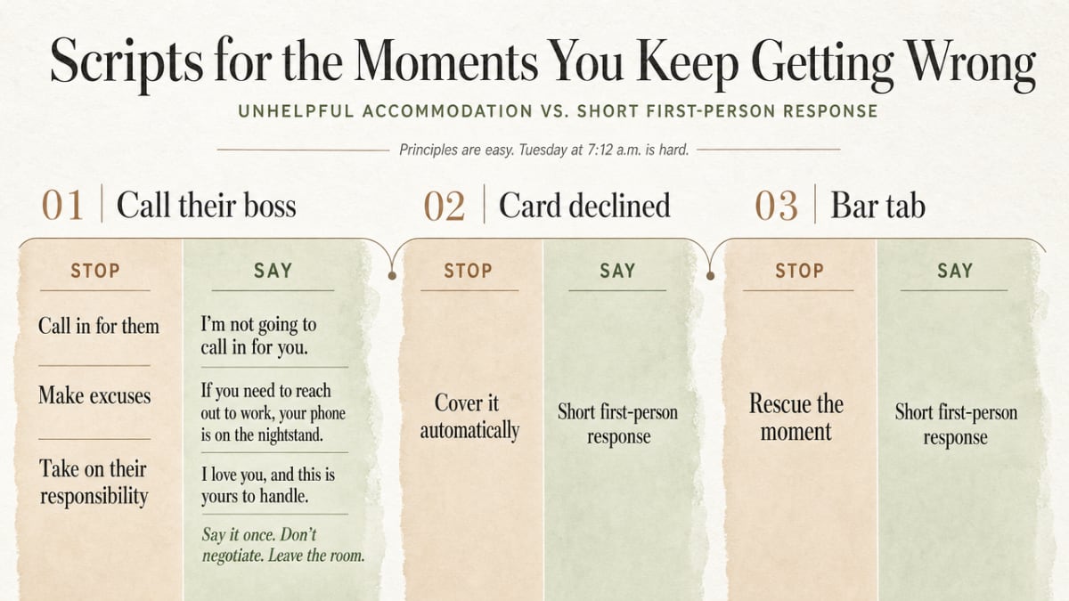 Visualize the three script scenarios from the section as a side-by-side comparison of unhelpful accommodation vs. the recommended short first-person response