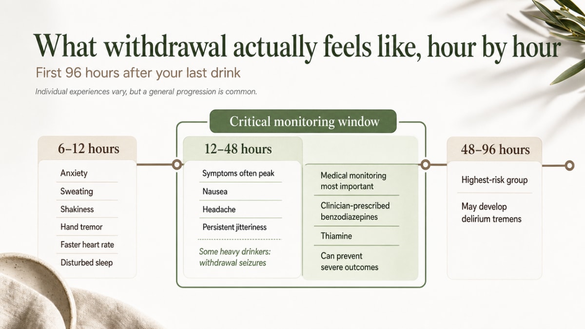 Timeline infographic mirroring the article's hour-by-hour withdrawal narrative so readers can anticipate the first week and recognize the critical DT window