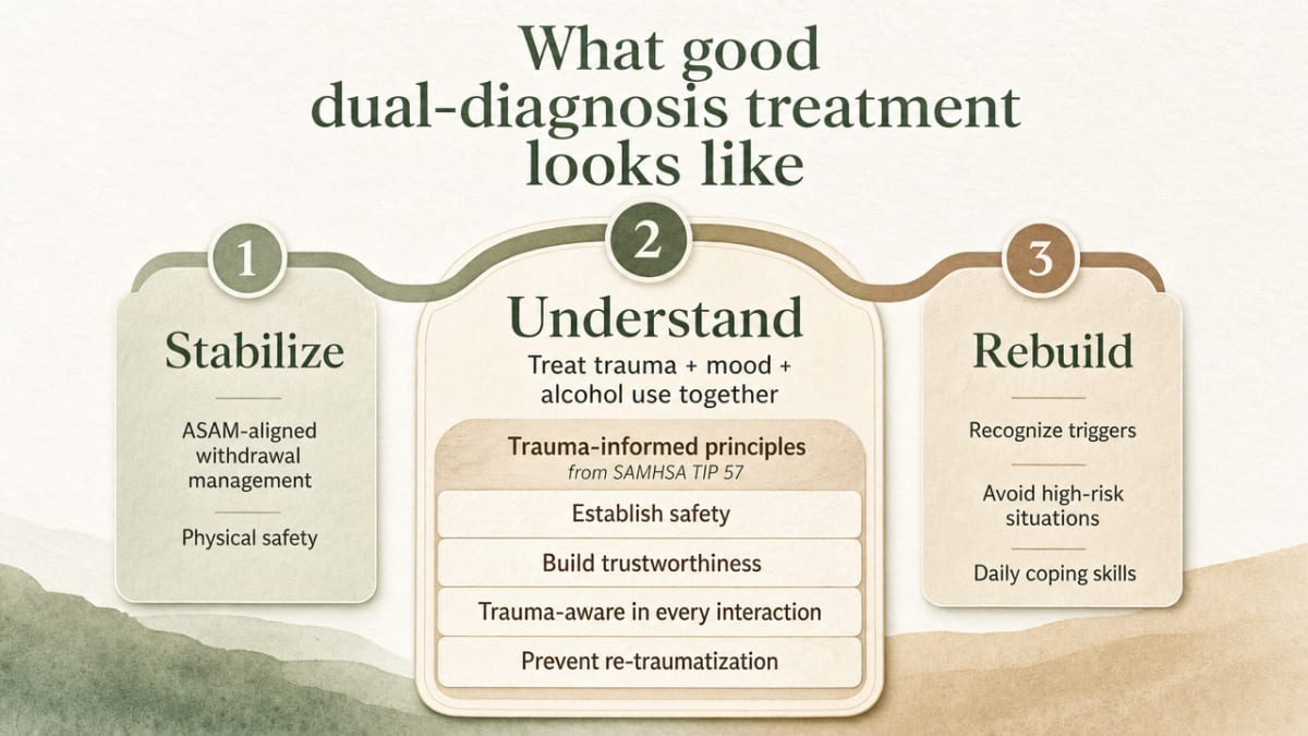 Process infographic depicting the article's three-phase Stabilize → Understand → Rebuild treatment framework, integrating trauma-informed principles cited from SAMHSA TIP 57
