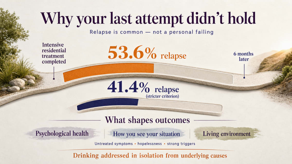 Visualize the two relapse-rate figures cited in this section from the residential treatment study, reinforcing that relapse is common and not a personal failing